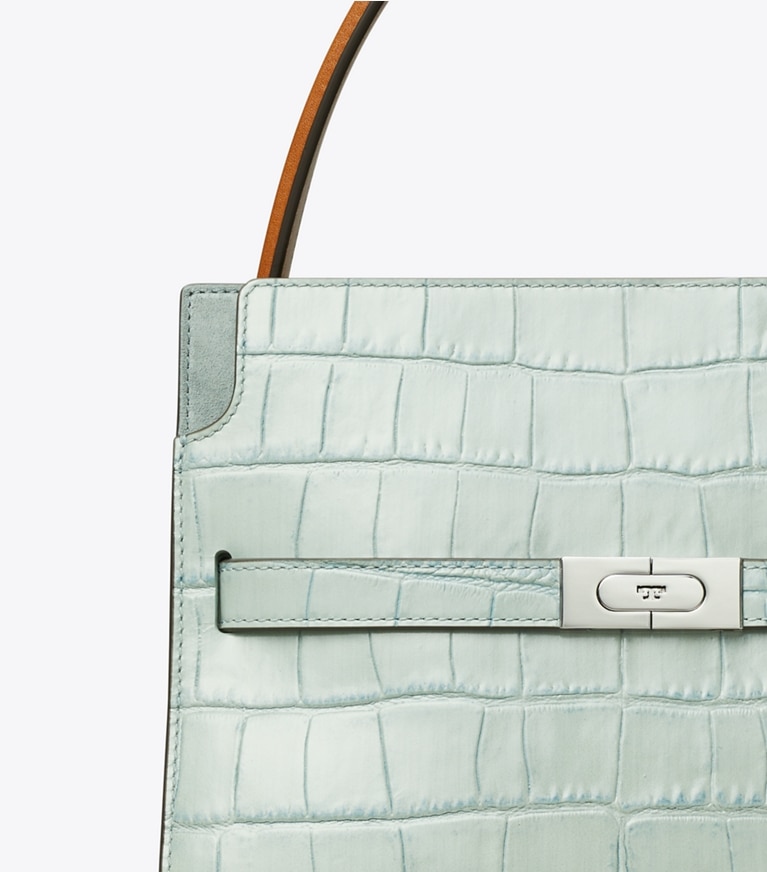 Tory Burch designer satchels Small Lee Radziwill Croc-Embossed Double Bag in Blue Celadon angle