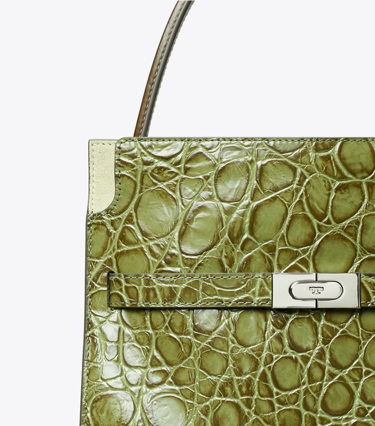 Tory Burch designer satchels Small Lee Radziwill Croc-Embossed Double Bag in Soft Ivy angle