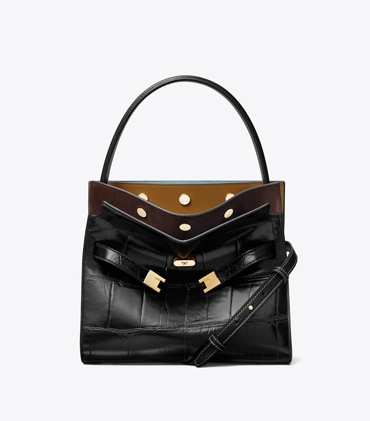 Tory Burch designer satchels Small Lee Radziwill Croc-Embossed Double Bag in Black front
