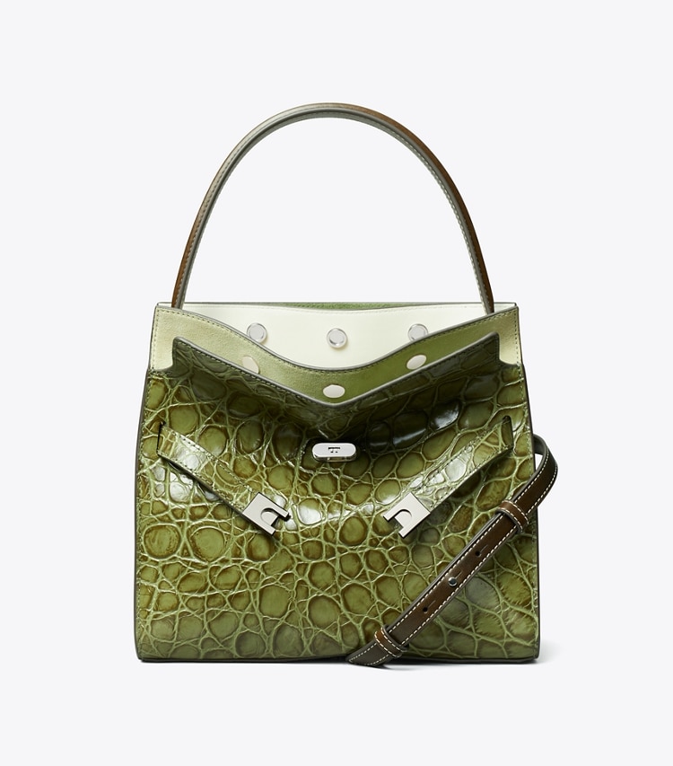 Tory Burch designer satchels Small Lee Radziwill Croc-Embossed Double Bag in Soft Ivy front
