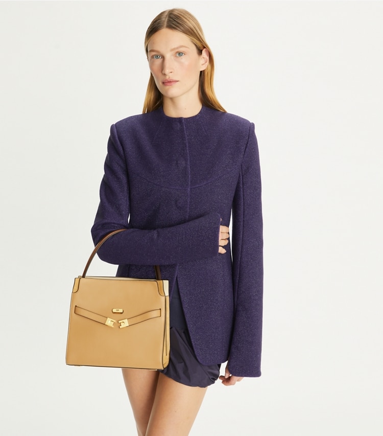 Tory Burch designer satchels Small Lee Radziwill Double Bag in Ginger Shortbread accessory on model