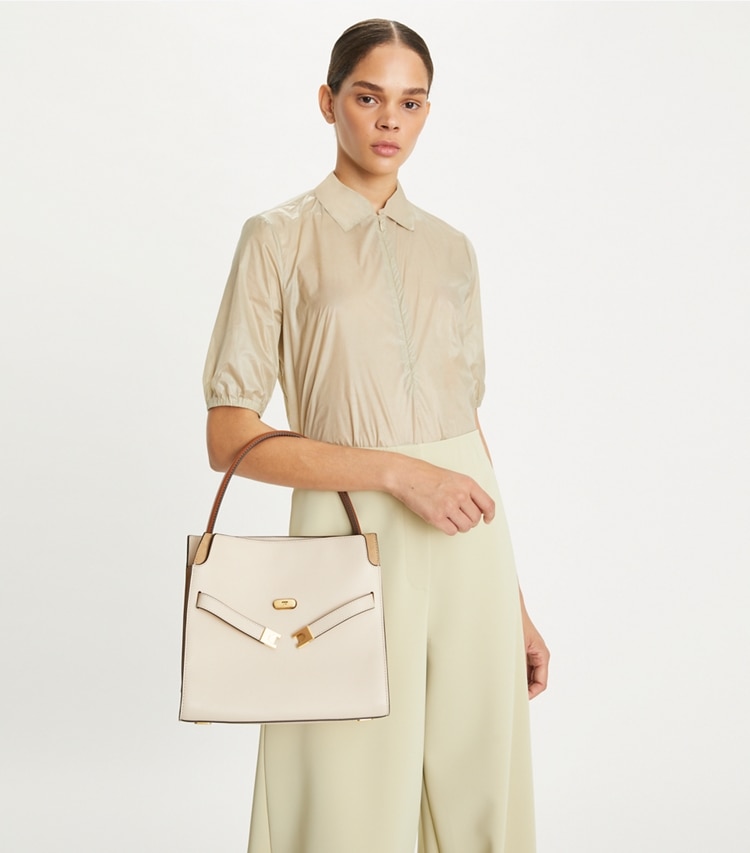 Tory Burch designer satchels Small Lee Radziwill Double Bag in New Cream accessory on model