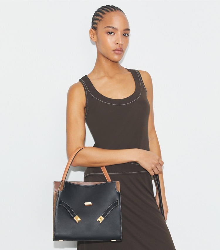 Tory Burch designer satchels Small Lee Radziwill Double Bag in Black accessory on model