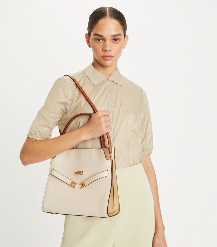 Tory Burch designer satchels Small Lee Radziwill Double Bag in New Cream additional on model