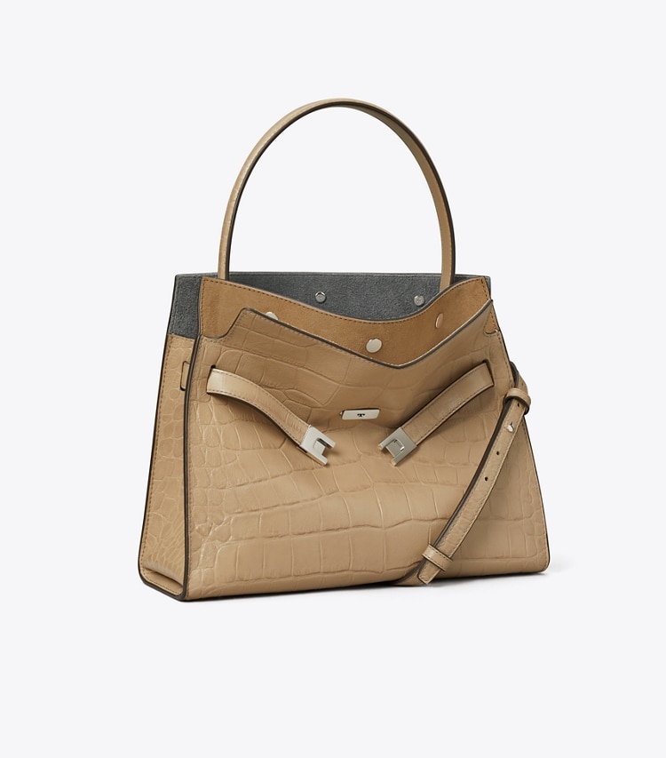 Tory Burch designer satchels Small Lee Radziwill Embossed Double Bag in Light Hickory angle
