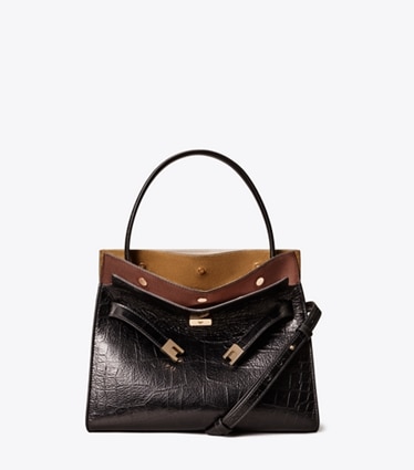 Tory Burch designer satchels Small Lee Radziwill Embossed Double Bag in Black front