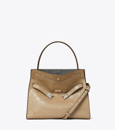 Tory Burch designer satchels Small Lee Radziwill Embossed Double Bag in Light Hickory front