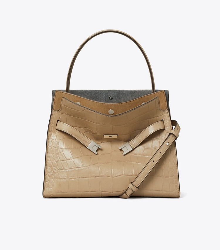 Tory Burch designer satchels Small Lee Radziwill Embossed Double Bag in Light Hickory front