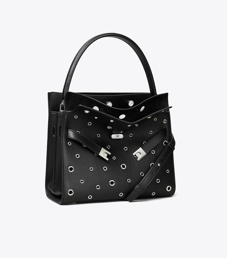 Tory Burch designer satchels Small Lee Radziwill Grommet Double Bag in Black angle
