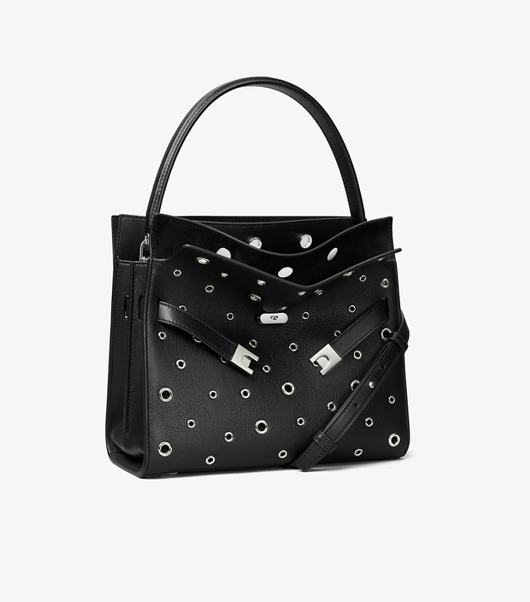 Tory Burch designer satchels Small Lee Radziwill Grommet Double Bag in Black angle