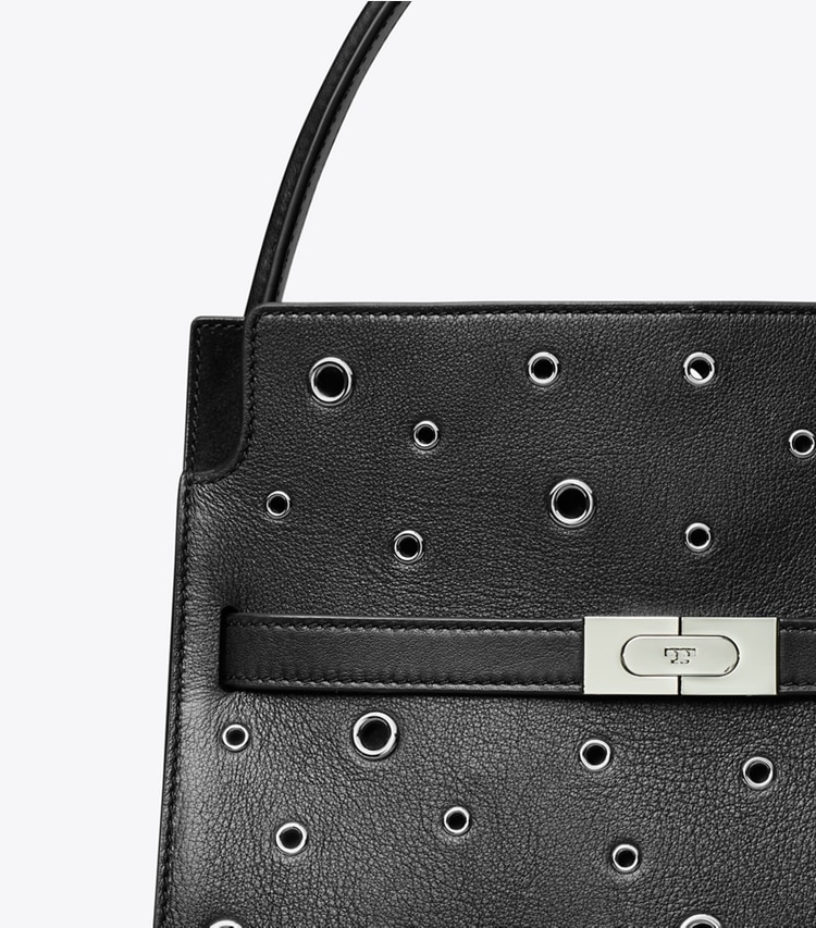 Tory Burch designer satchels Small Lee Radziwill Grommet Double Bag in Black detail