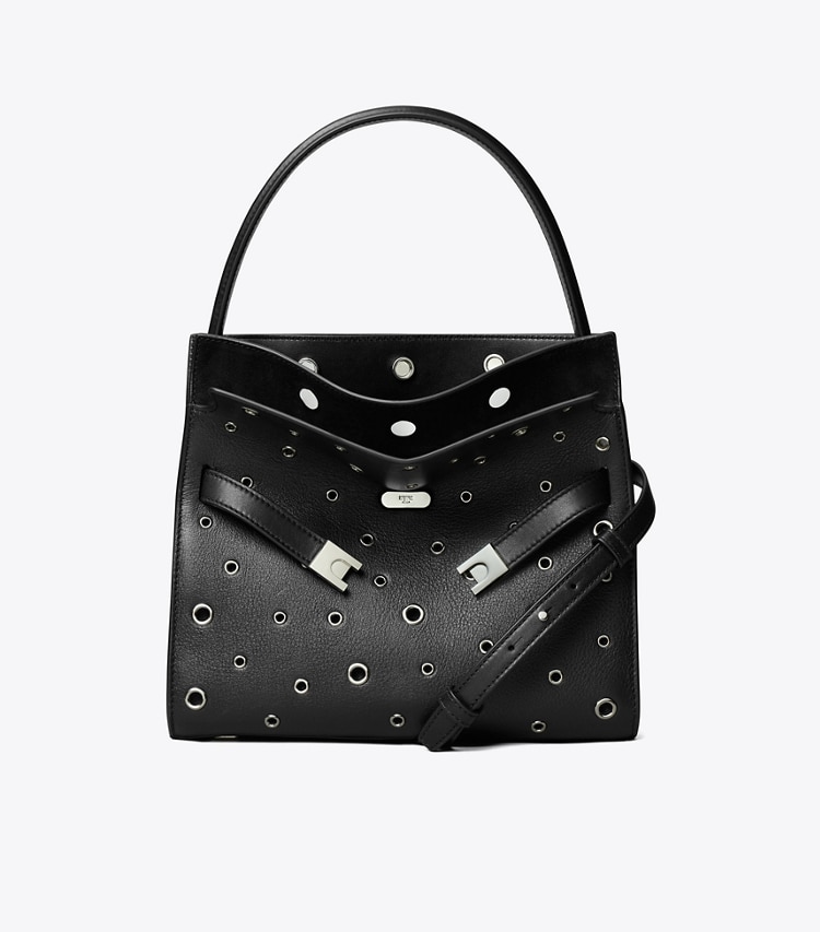 Tory Burch designer satchels Small Lee Radziwill Grommet Double Bag in Black front