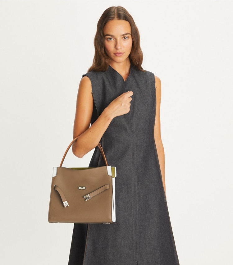 Tory Burch designer satchels Small Lee Radziwill Pebbled Double Bag in Wild Mushroom accessory on model