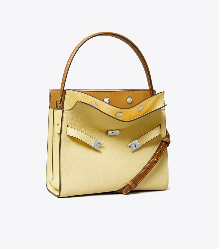 Tory Burch designer satchels Small Lee Radziwill Pebbled Double Bag in Lemon Sugar angle