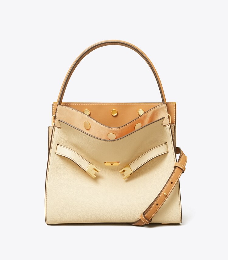 Tory Burch designer satchels Small Lee Radziwill Pebbled Double Bag in New Moon front