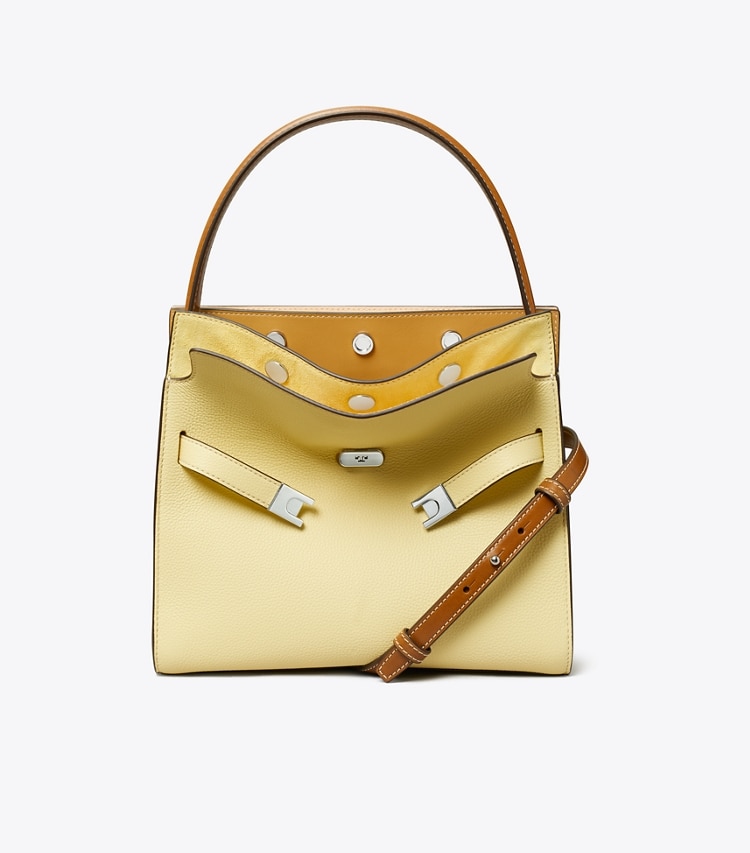 Tory Burch designer satchels Small Lee Radziwill Pebbled Double Bag in Lemon Sugar front