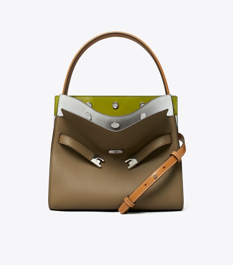 Tory Burch designer satchels Small Lee Radziwill Pebbled Double Bag in Wild Mushroom front