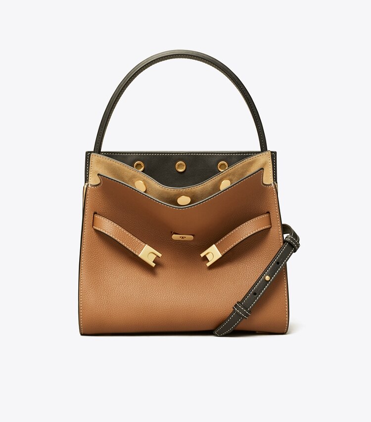 Tory Burch designer サッチェルバッグ リー ラジウィル ペブルド スモール ダブルバッグ  in Tiger's Eye front