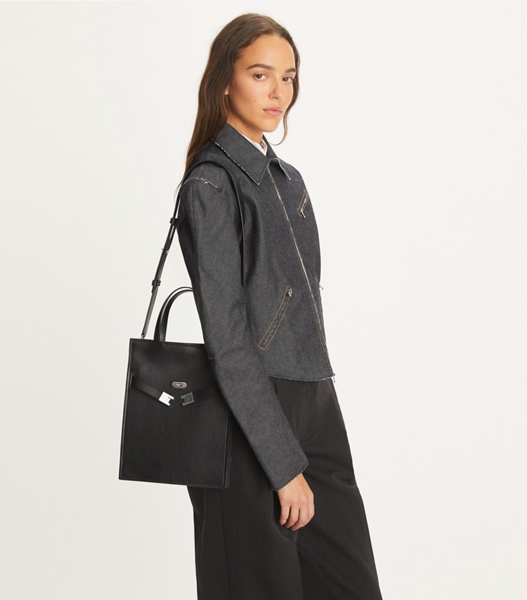 Tory Burch designer shoulder bags Small Lee Radziwill Shopper in Black accessory on model