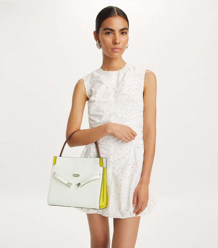 Tory Burch designer satchels Small Lee Radziwill Snake Embossed Double Bag in Blanc accessory on model