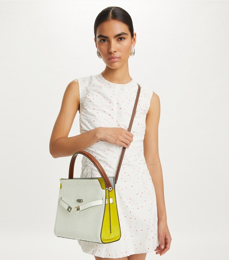 Tory Burch designer satchels Small Lee Radziwill Snake Embossed Double Bag in Blanc additional on model