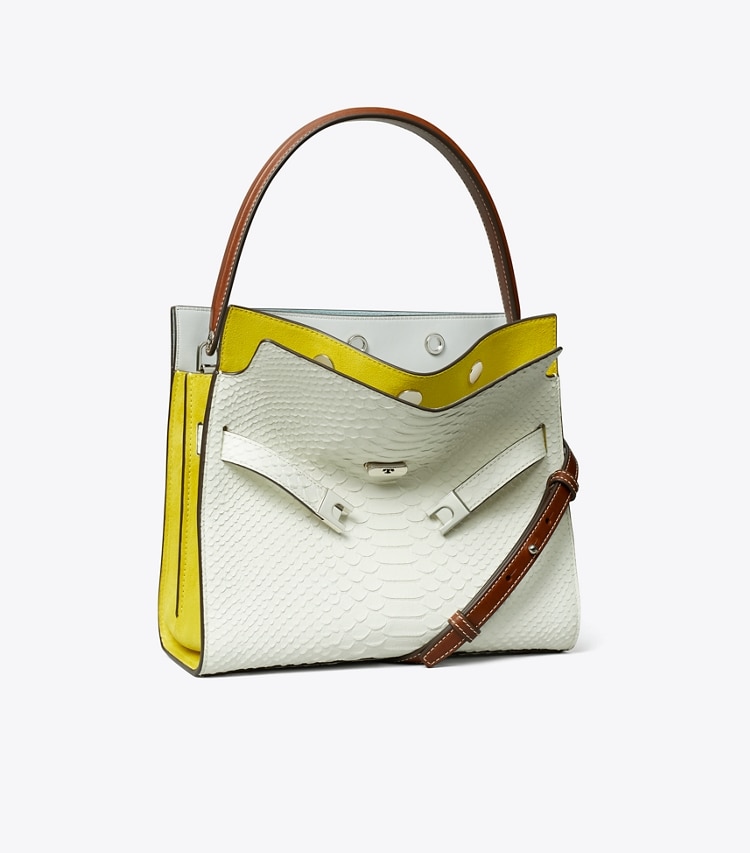 Tory Burch designer satchels Small Lee Radziwill Snake Embossed Double Bag in Blanc angle