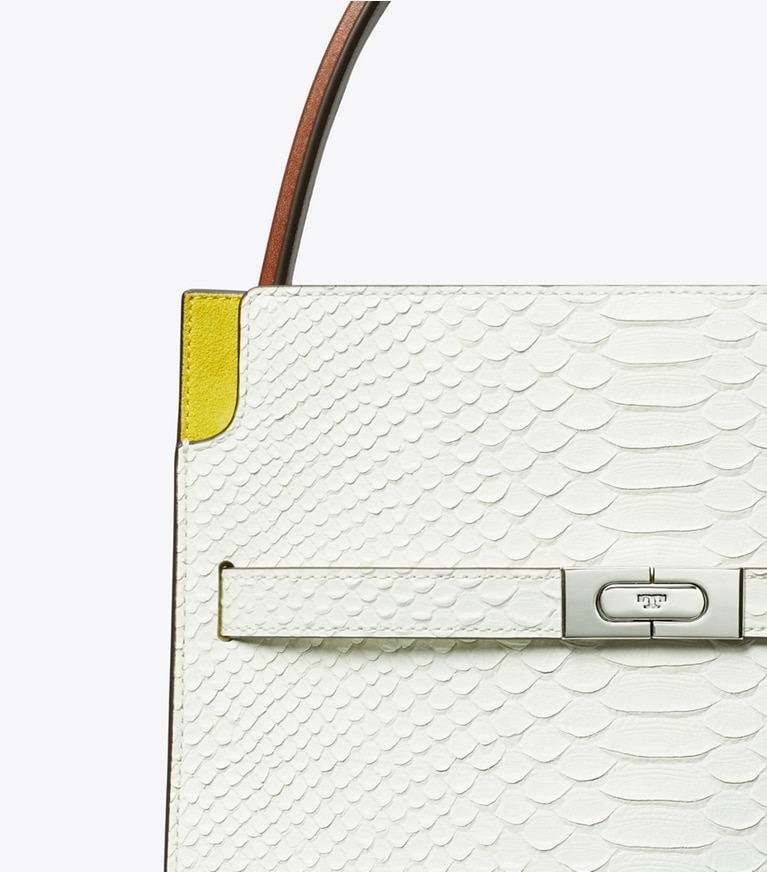 Tory Burch designer satchels Small Lee Radziwill Snake Embossed Double Bag in Blanc angle