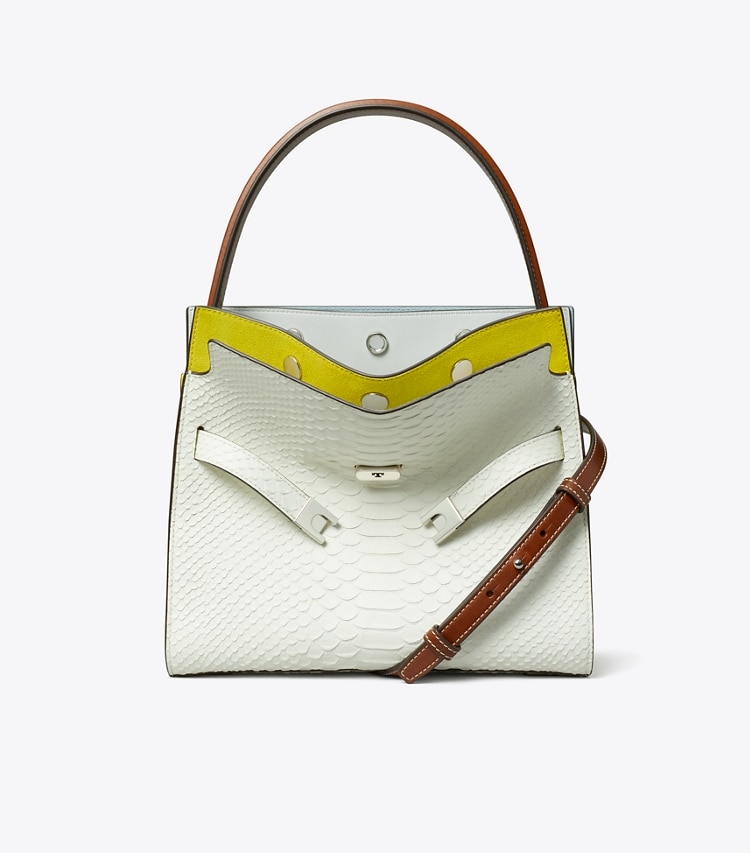 Tory Burch designer satchels Small Lee Radziwill Snake Embossed Double Bag in Blanc front