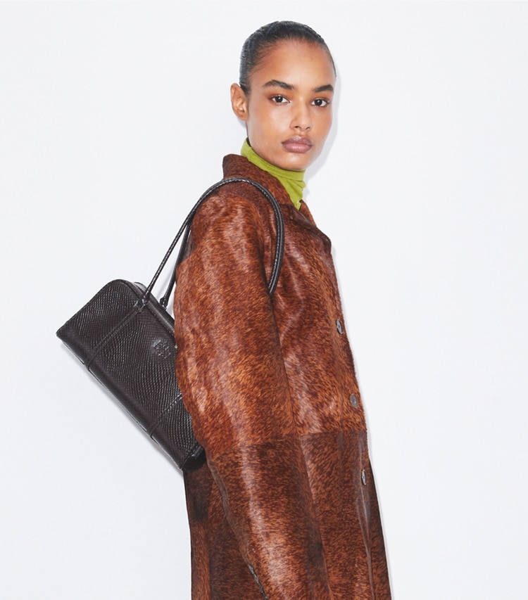 Tory Burch designer satchels Small Marshmallow Embossed Satchel in Boba Brown accessory on model