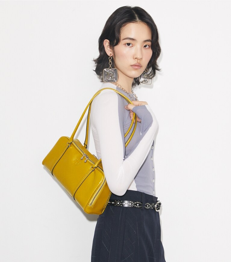 Tory Burch designer satchels Small Marshmallow Embossed Satchel in ISLAND PALM accessory on model