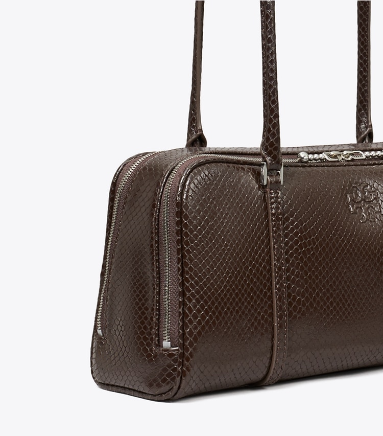 Tory Burch designer satchels Small Marshmallow Embossed Satchel in Boba Brown detail