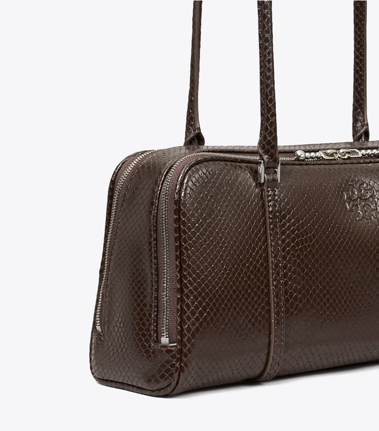 Tory Burch designer satchels Small Marshmallow Embossed Satchel in Boba Brown angle