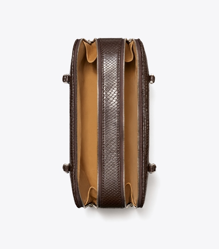 Tory Burch designer satchels Small Marshmallow Embossed Satchel in Boba Brown angle