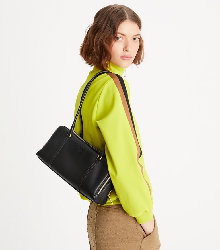 Tory Burch designer satchels Small Marshmallow Satchel in Black / Tempranillo angle
