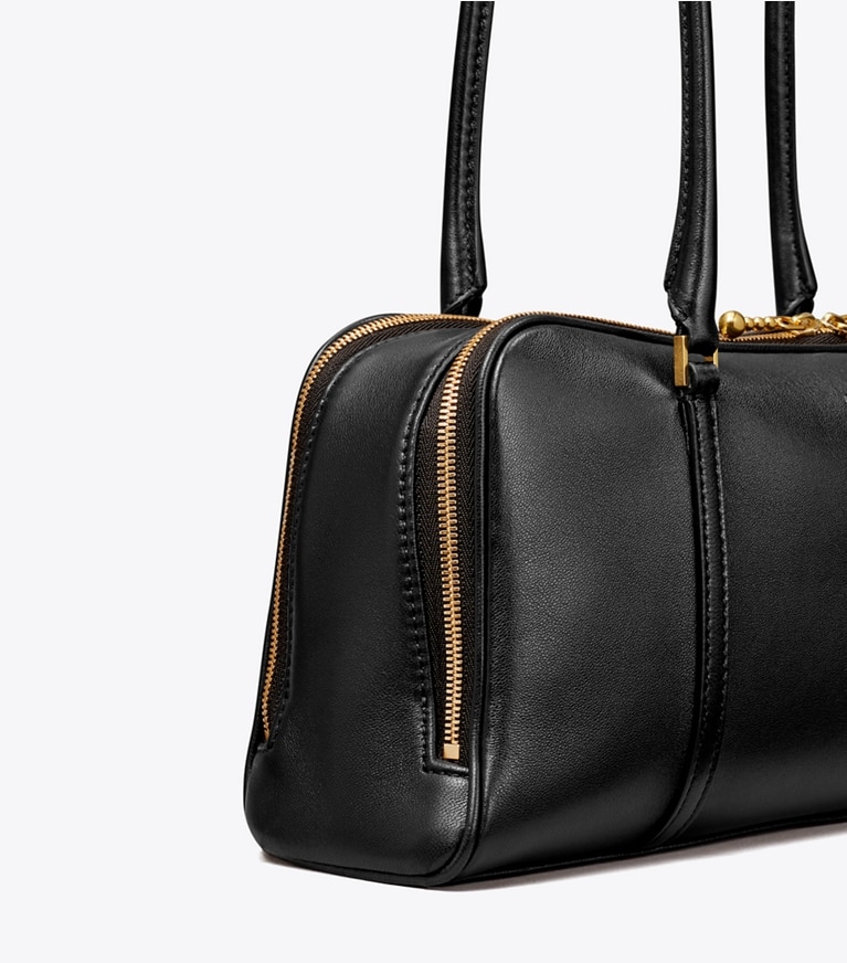 Tory Burch designer satchels Small Marshmallow Satchel in Black / Tempranillo angle