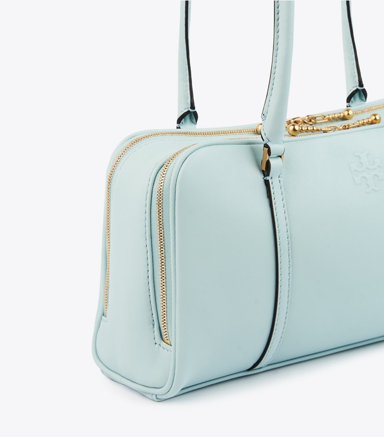 Tory Burch designer satchels Small Marshmallow Satchel in Sea Bubble / Ginger Shortbread angle