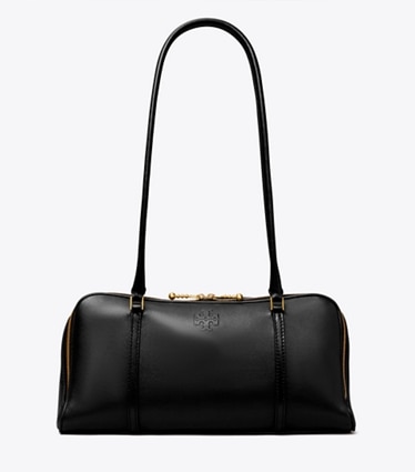 Tory Burch designer satchels Small Marshmallow Satchel in Black / Tempranillo front