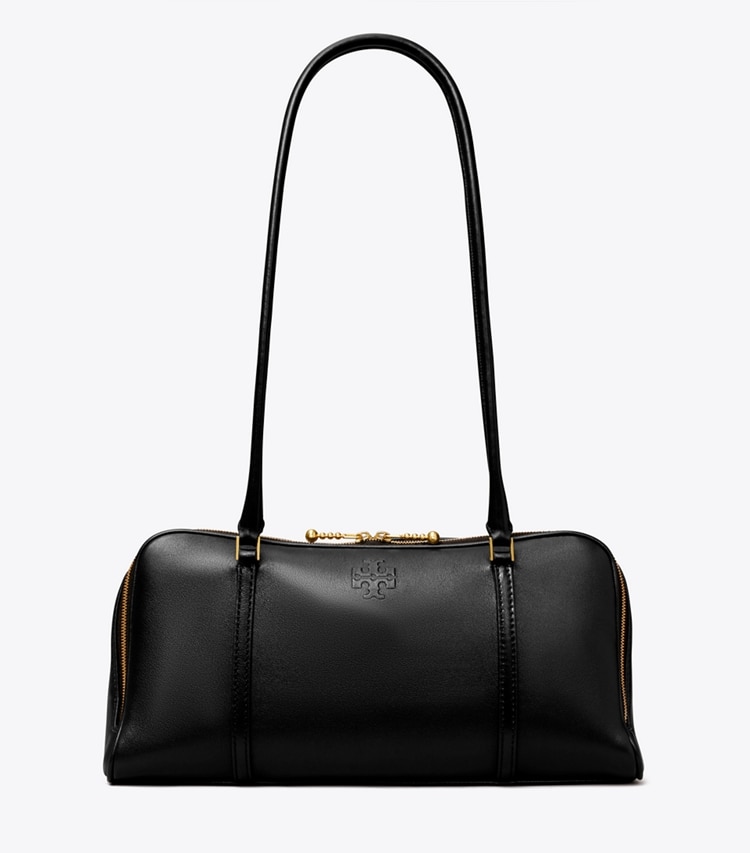 Tory Burch designer satchels Small Marshmallow Satchel in Black / Tempranillo front