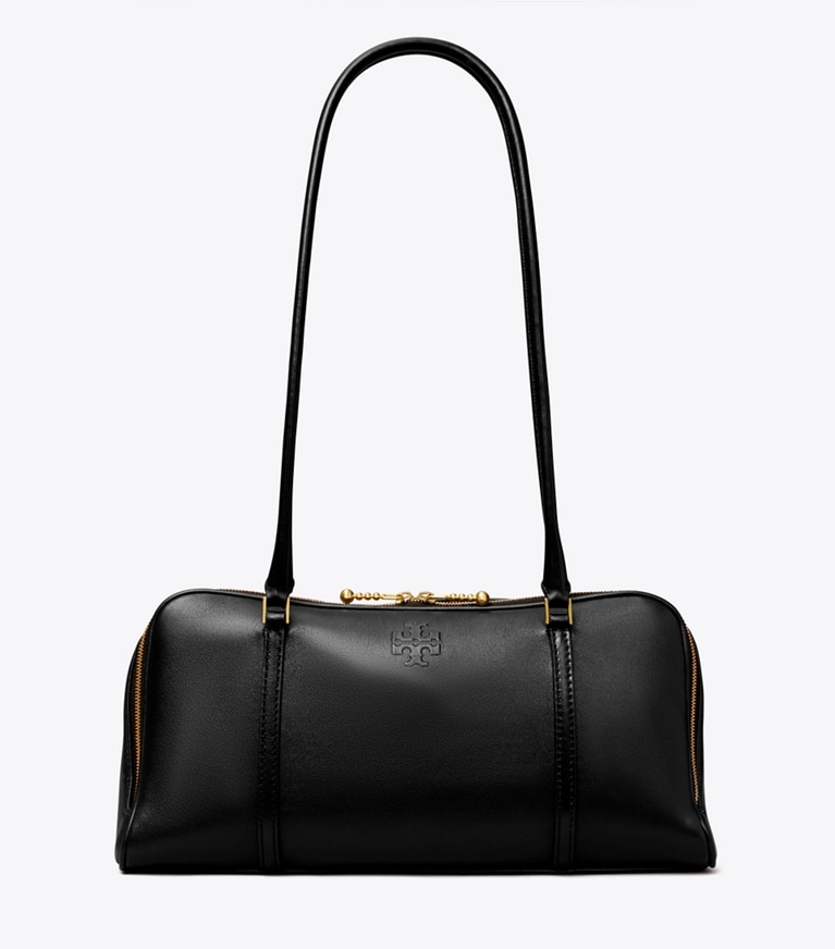 Tory Burch designer satchels Small Marshmallow Satchel in Black / Tempranillo angle