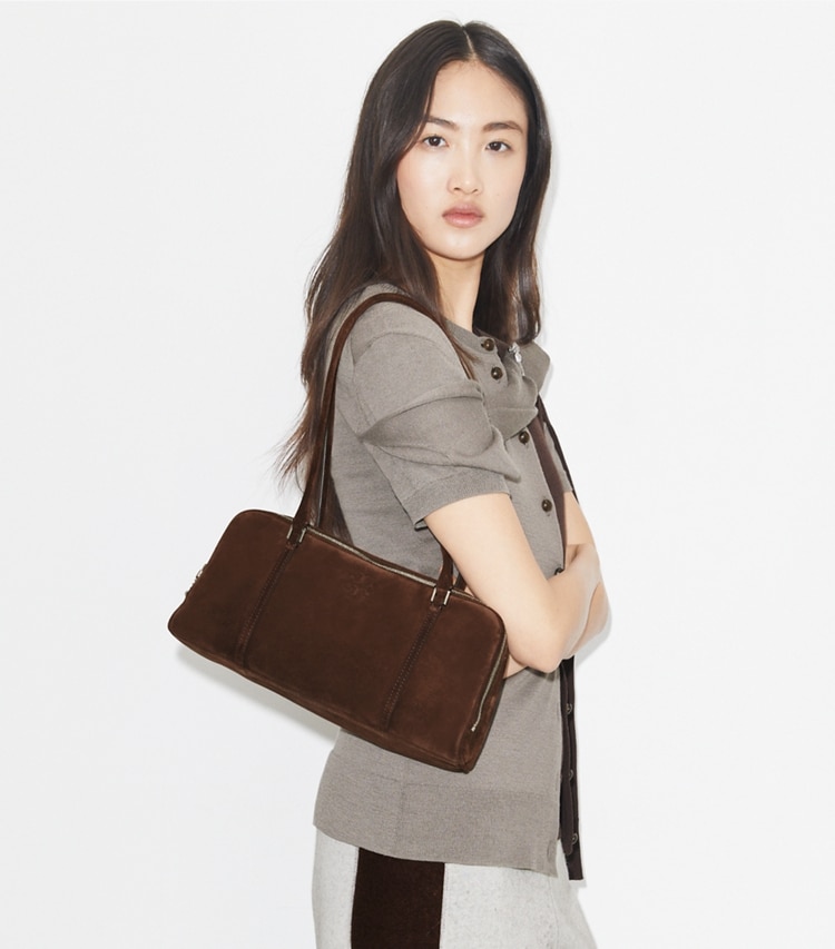 Tory Burch designer shoulder bags Small Marshmallow Suede Satchel in Dark Cocoa accessory on model