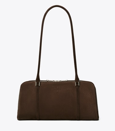 Tory Burch designer shoulder bags Small Marshmallow Suede Satchel in Dark Cocoa front