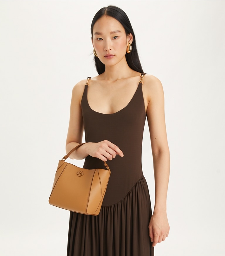 Tory Burch designer crossbody bags Small McGraw Bucket Bag in Tiramisu accessory on model