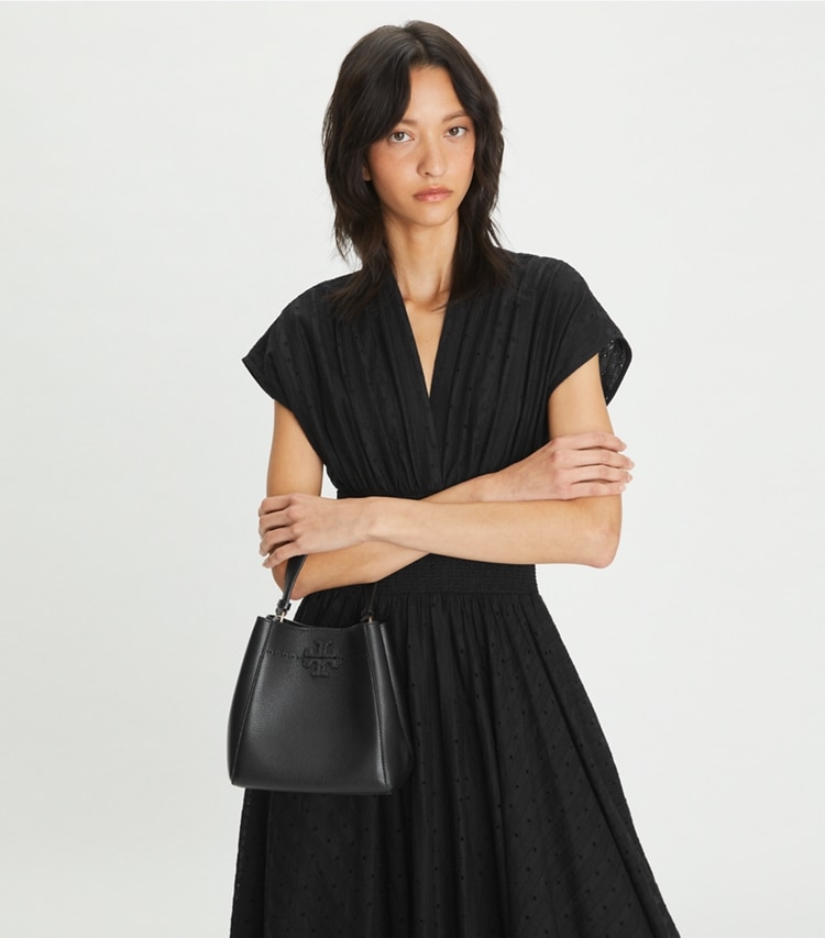 Tory Burch designer crossbody bags Small McGraw Bucket Bag in Black accessory on model