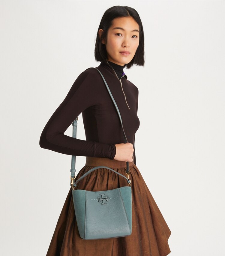 Tory Burch designer crossbody bags Small McGraw Bucket Bag in ARCTIC accessory on model