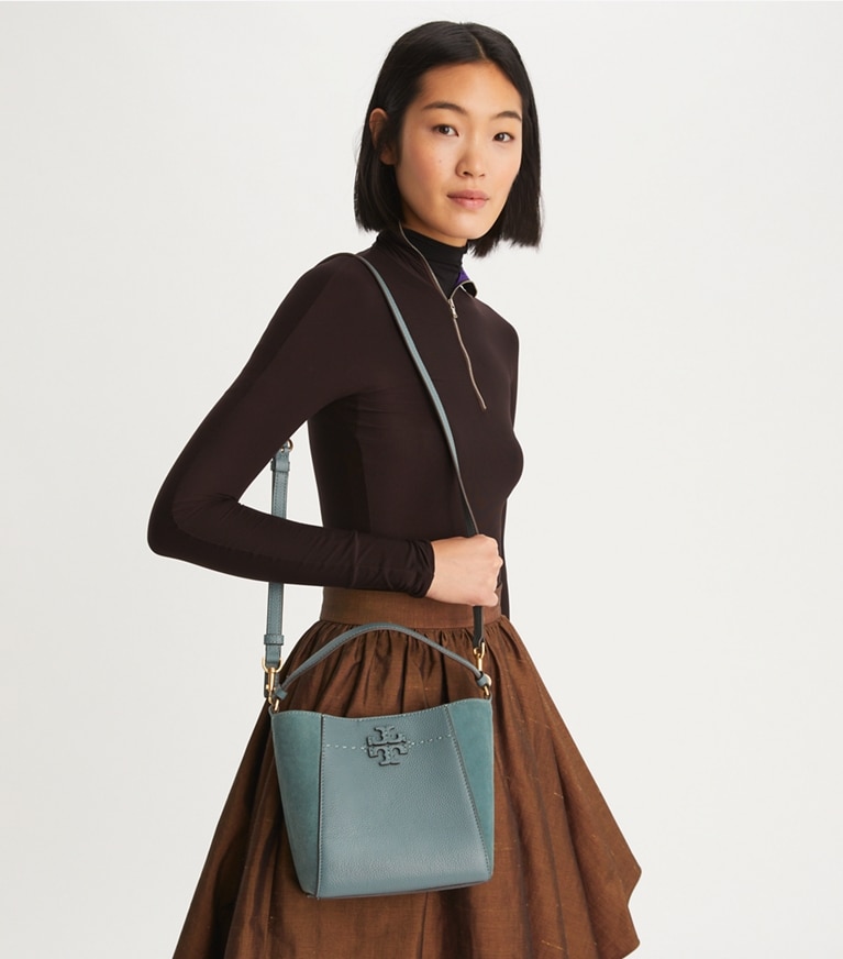Tory Burch designer crossbody bags Small McGraw Bucket Bag in ARCTIC accessory on model