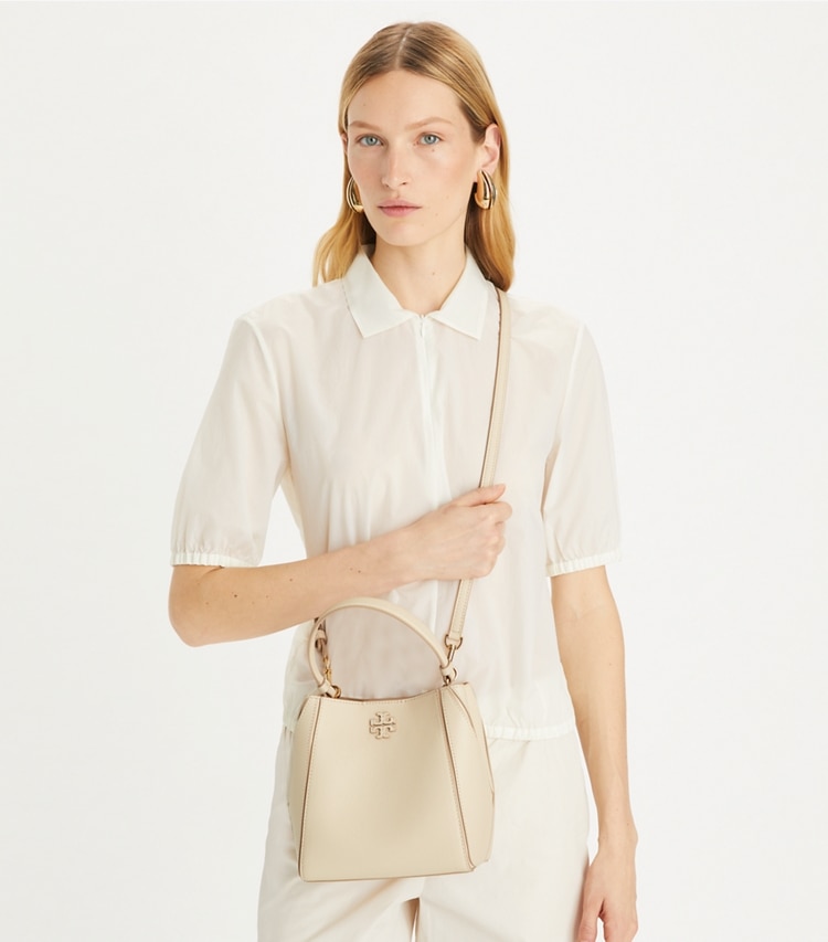 Tory Burch designer crossbody bags Small McGraw Bucket Bag in BRIE additional on model