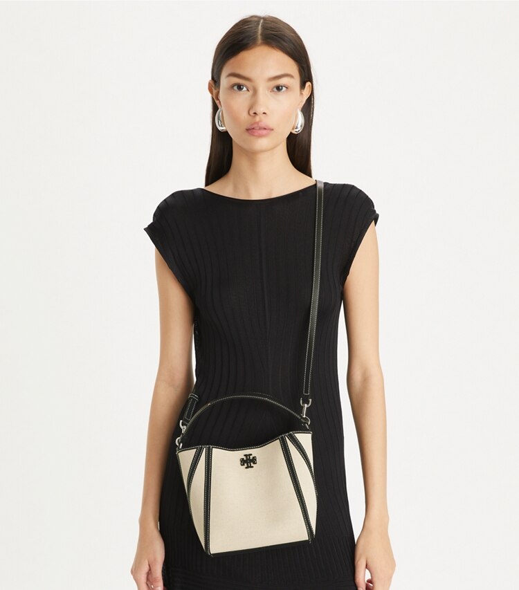 Tory Burch designer crossbody bags Small McGraw Canvas Bucket Bag in Natural Mutli additional on model