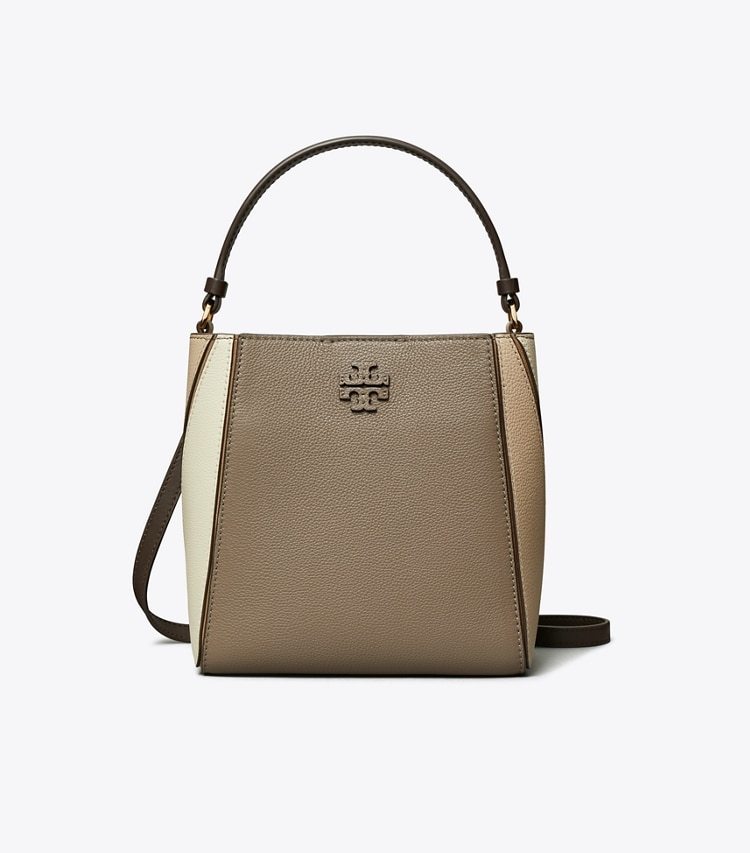 Tory Burch designer crossbody bags Small McGraw Colorblock Bucket Bag in Wild Mushroom Multi front