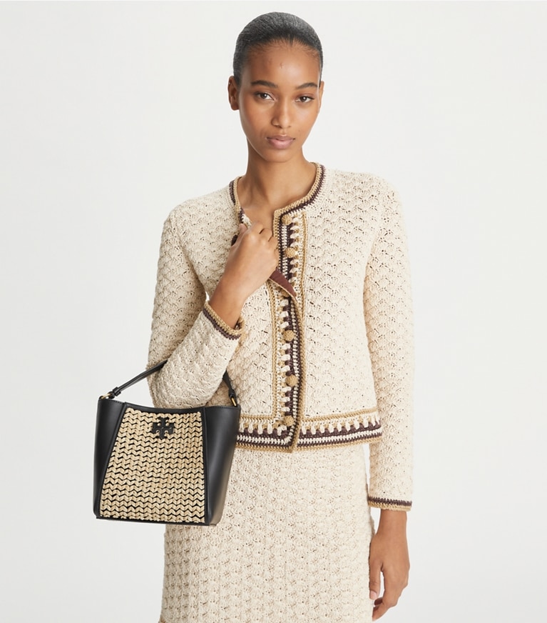 Tory Burch designer crossbody bags Small McGraw Raffia Bucket Bag in Black / Natural angle