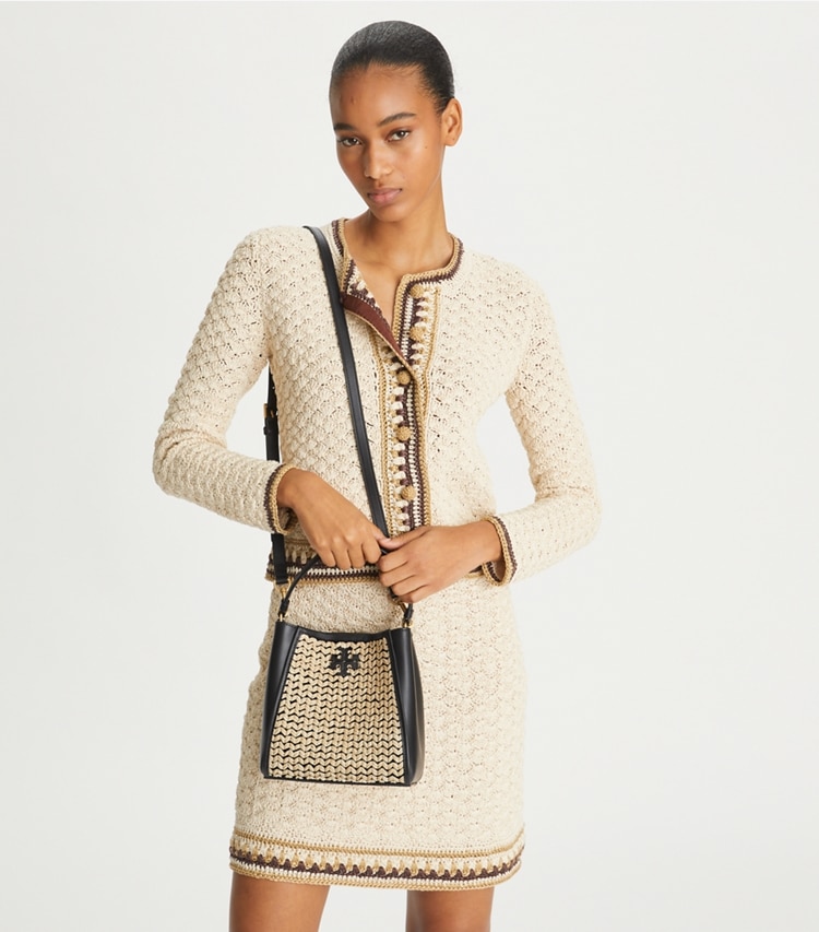 Tory Burch designer crossbody bags Small McGraw Raffia Bucket Bag in Black / Natural additional on model